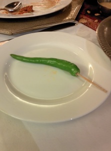 Chilly (part of salad) served with toothpick insert. Nice novelty. That's how thoughtful they are. 