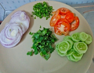 The Veggies - Onion, Green Chili, Tomato, Cucumber, and Cilantro